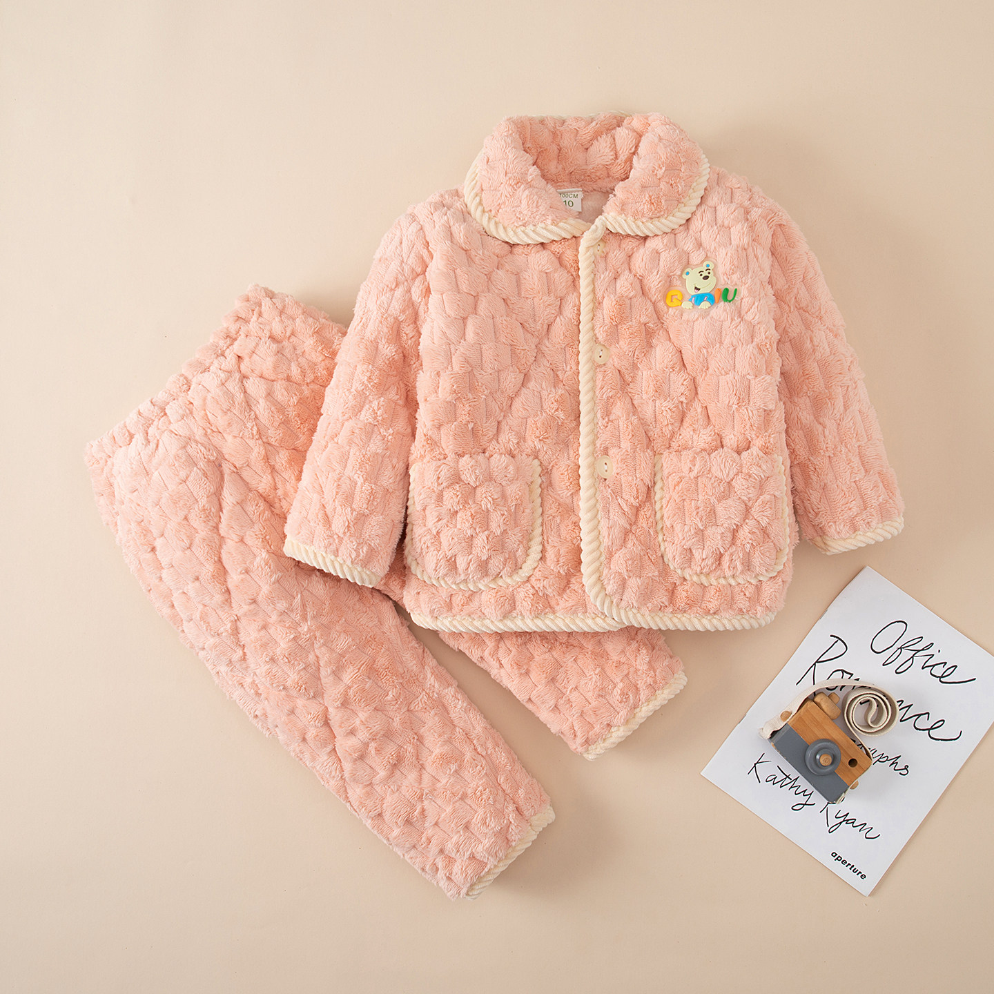 冬季儿童三层夹棉加厚睡衣珊瑚绒男童女童女孩红色家居服套装外穿