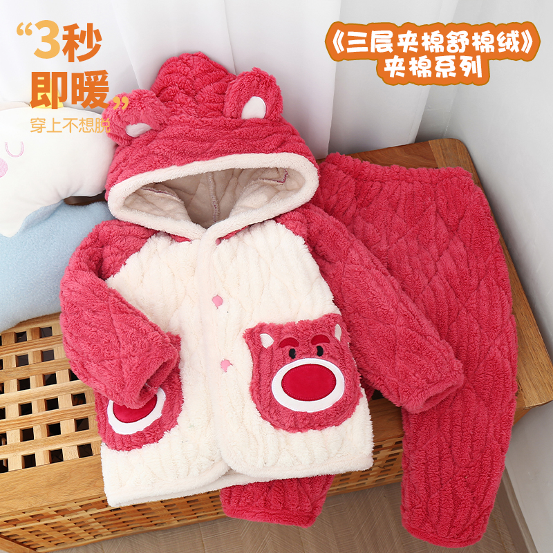 冬季儿童法兰绒睡衣加厚三层夹棉