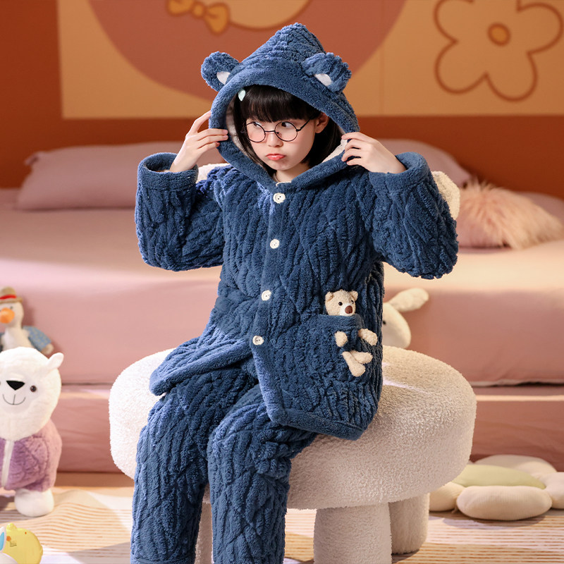 冬季儿童三层夹棉法兰绒睡袍女童男童珊瑚加绒加厚宝宝家居服外穿