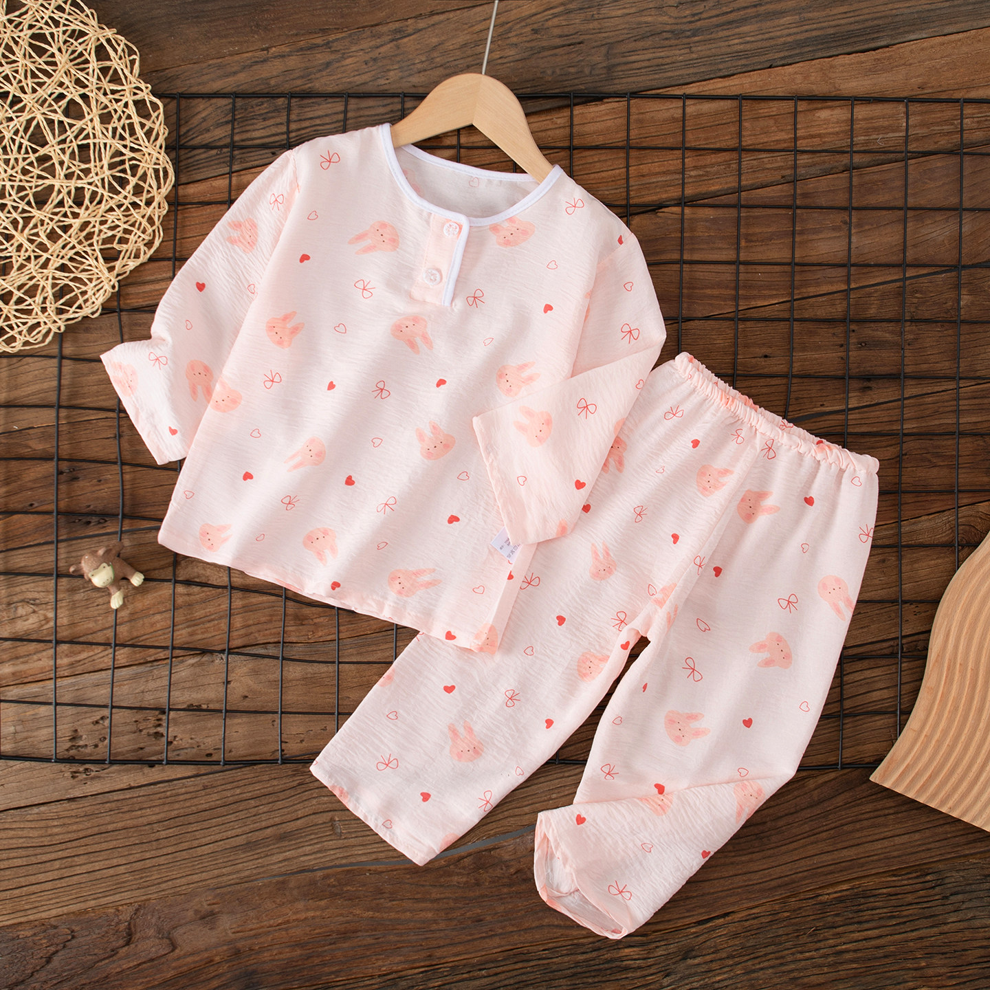 夏季儿童云朵棉冰丝绵绸睡衣男童女童男孩女孩宝宝长袖家居服薄款