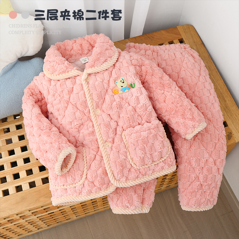冬季儿童法兰绒夹棉加厚睡衣套装