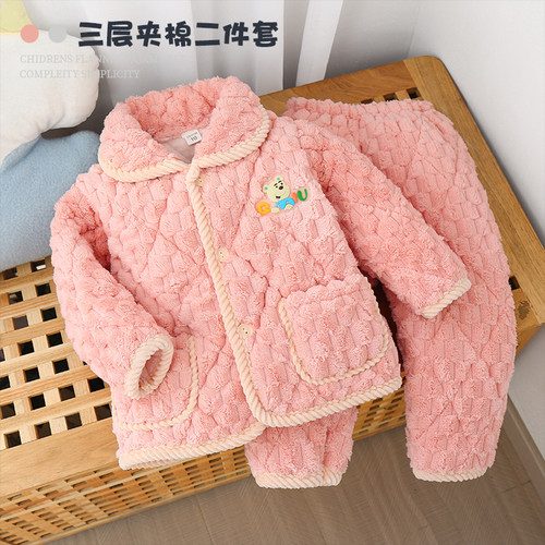 冬季儿童法兰绒夹棉加厚睡衣套装