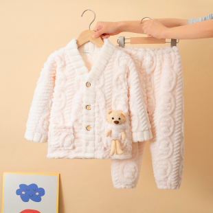 秋冬儿童法兰绒睡衣加厚珊瑚绒男童女童宝宝母女亲子装家居服套装