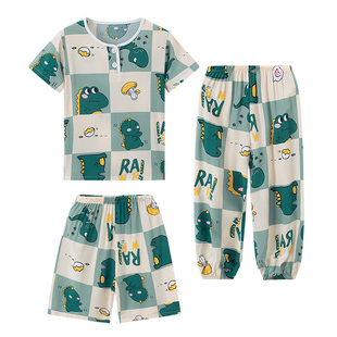 夏季儿童棉绸睡衣男孩女童短袖夏天宝宝绵绸男大童家居服套装薄款