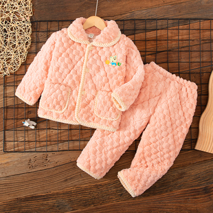 冬季儿童三层夹棉加厚珊瑚绒睡衣男童女童女孩宝宝红色家居服套装