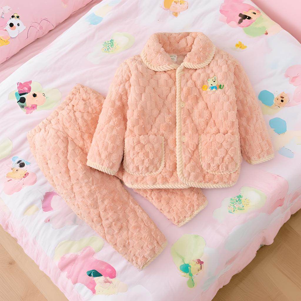 冬季儿童法兰绒睡衣套装男童三层夹棉加厚珊瑚加绒女童红色家居服