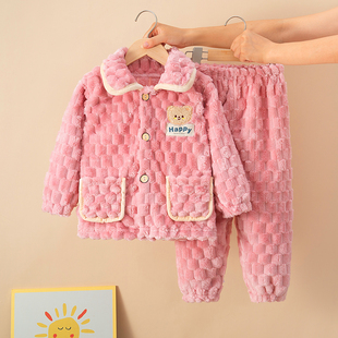 家居服套装 秋冬季 儿童法兰绒睡衣加厚珊瑚绒男童女童宝宝女孩长袖