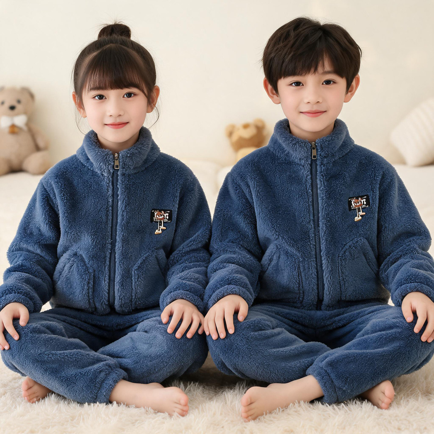 儿童法兰绒家居服套装男童女童秋冬加厚保暖拉链睡衣可爱外穿韩版