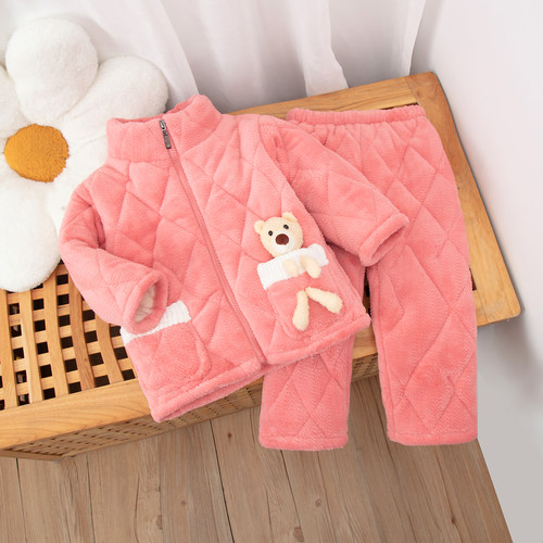 儿童法兰绒睡衣珊瑚绒三层夹棉袄