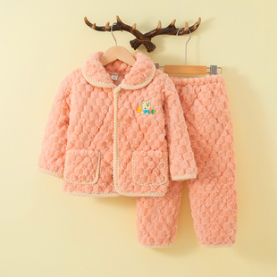 冬季儿童三层夹棉加厚睡衣珊瑚绒男童女童宝宝红色家居服套装外穿