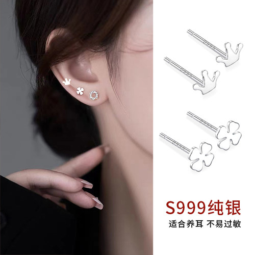 S999纯银四叶草耳钉不易过敏