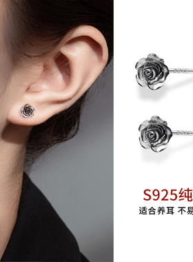 925纯银黑色玫瑰花耳钉2025年新款爆款女花朵耳环高级感小众耳饰