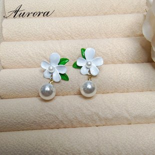 925银针栀子花珍珠耳钉女森系甜美花朵耳环2024新款 春夏超仙耳饰
