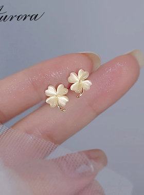 925纯银猫眼石四叶草耳钉女小众设计感养耳洞耳环森系甜美耳饰品