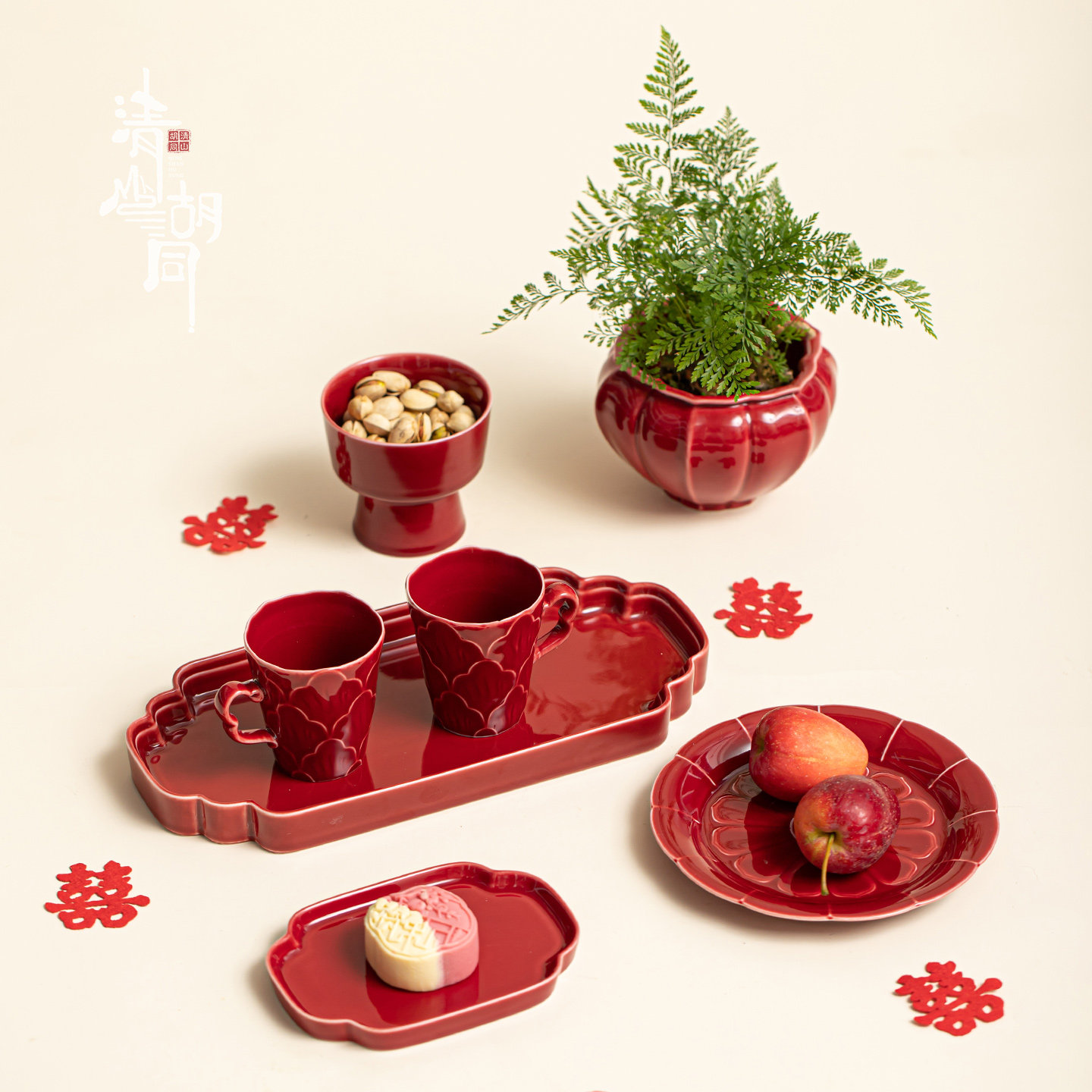 中式喜庆红色陶瓷果盘结婚敬茶托盘客厅家用喜事红盘子订婚摆台