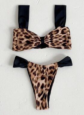 Leopard print color blocked strapless bikini豹纹拼色抹胸泳衣