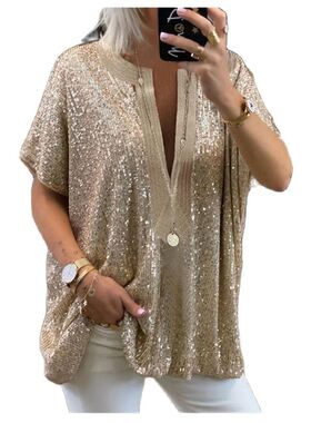 Loose Sequin V-Neck Casual T-Shirt Shirt宽松亮片V领休闲T恤女