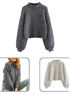 Round neck loose pearl casual sweater圆领宽松珍珠休闲针织衫