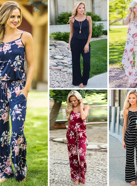 Printed Loose Casual Sling Jumpsuit 印花宽松女士吊带连体长裤