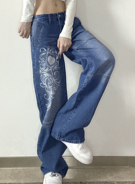 Printed loose wide leg women's jeans印花宽松阔腿女休闲牛仔裤