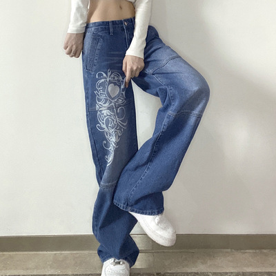 Printed loose wide leg women's jeans印花宽松阔腿女休闲牛仔裤