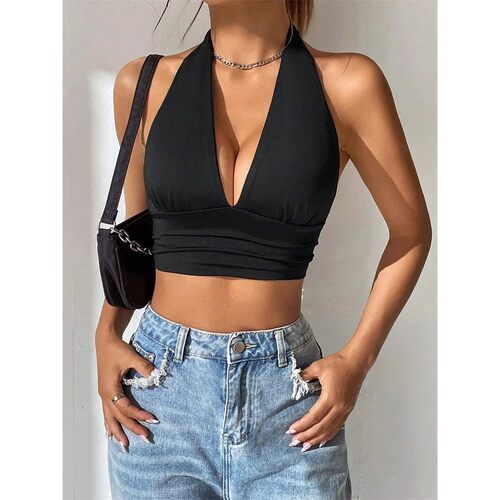 Hanging neck and exposed navel solid top挂脖露脐褶皱纯色上衣