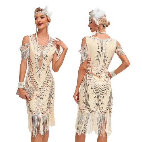 印花网纱露肩长裙 Printed mesh sequin off shoulder long skirt