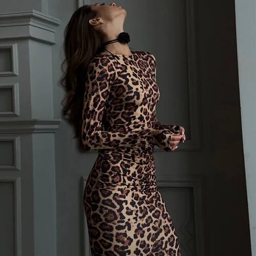 豹纹印花高腰连衣裙Leopard print high waisted dress for women