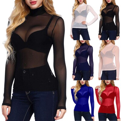 Solid Slim High Neck Mesh Long Sleeves纯色修身高领网纱长袖女