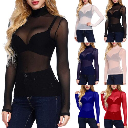 Solid Slim High Neck Mesh Long Sleeves纯色修身高领网纱长袖女