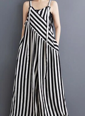 Printed shoulder strap wide leg pant women印花显瘦背带阔腿裤