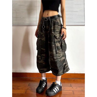 迷彩口袋宽松工装阔腿裤女