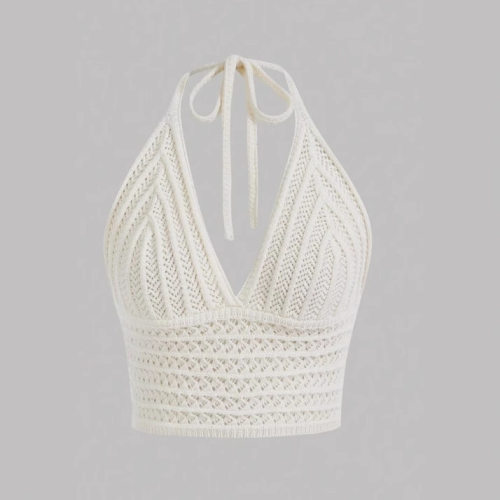 Backless lace up deep V-short vest纯色露背系带深V短款小背心