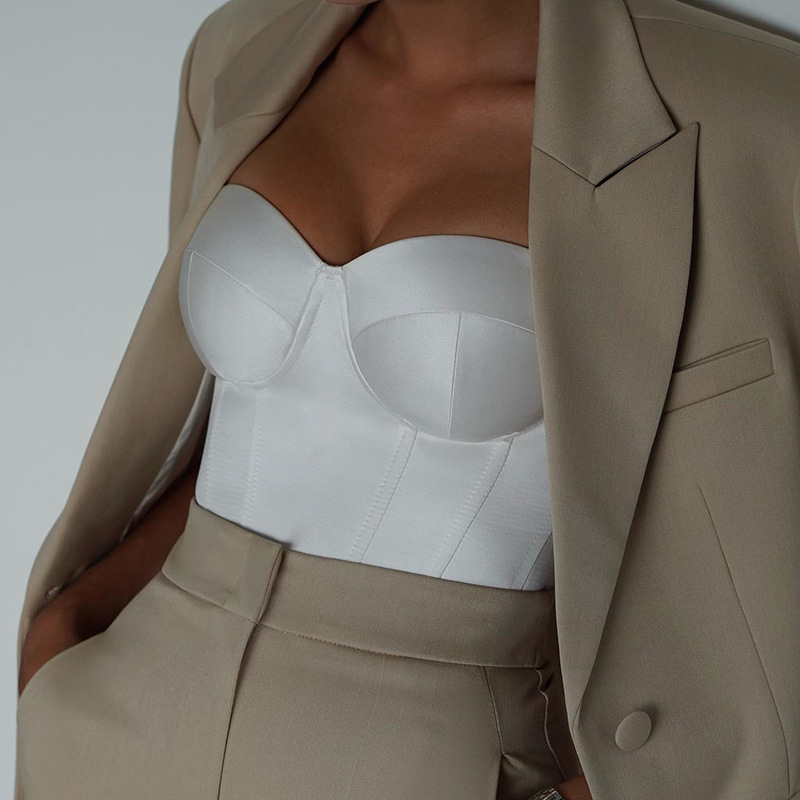 Strapless waist cinched solid color top抹胸束腰纯色短款上衣