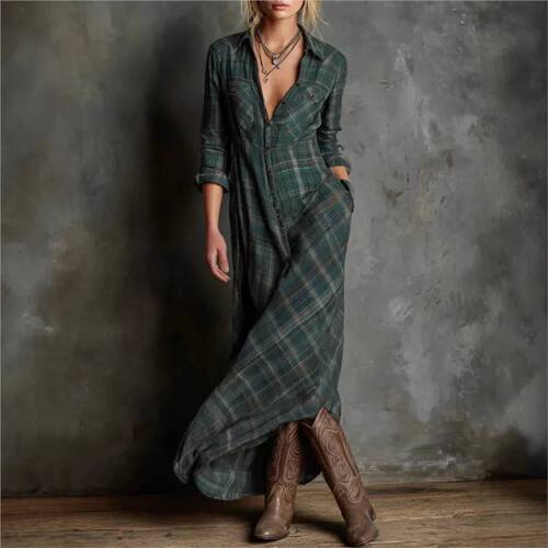 长袖格子衬衫长裙Long sleeved checkered shirt dress for women