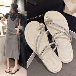 软底防滑凉 网红珍珠夹趾拖鞋 女夏季 新款 平底仙女风套趾沙滩凉鞋
