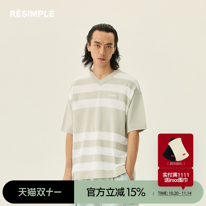 RESIMPLE简单点针织衫男宽松撞色条纹短袖女遮肉上衣春季新款0628