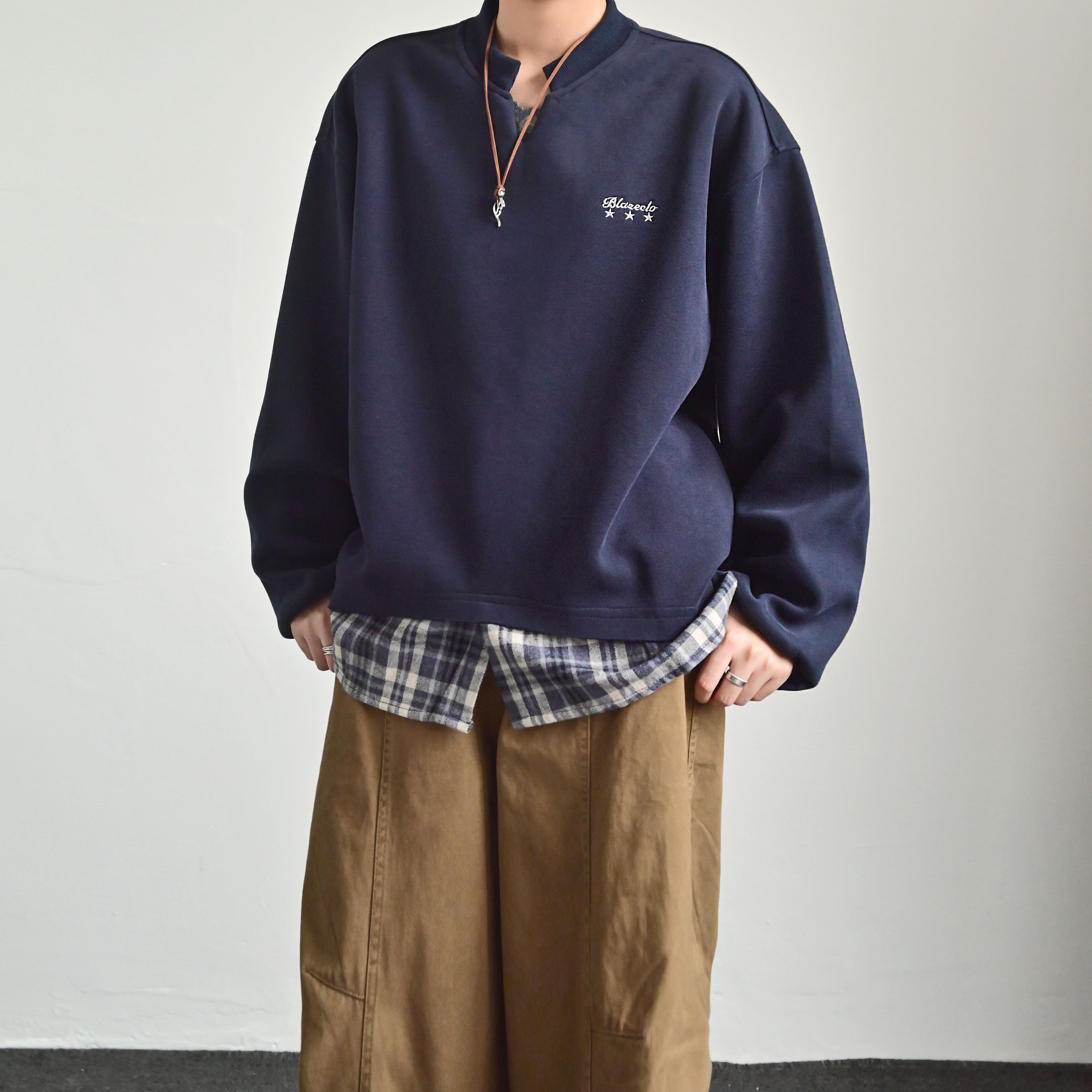 ZC原创美式复古格子假两件V领卫衣男女秋季宽松休闲百搭长袖上衣