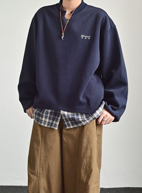 ZC原创美式复古格子假两件V领卫衣男女秋季宽松休闲百搭长袖上衣