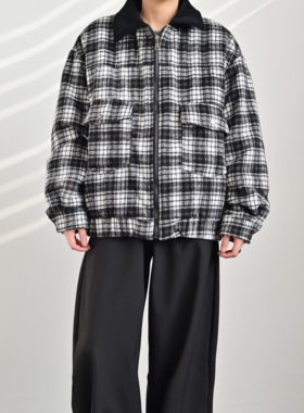 ZCBEAR美式学院复古撞色翻领格子棉服男女宽松百搭保暖大口袋外套