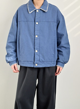 ZCBEAR美式复古学院风牛仔棉服男宽松翻领装饰线条棉衣百搭外套潮