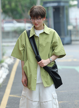 ZC美式复古潮牌绿色粉色短袖衬衫男女设计感口袋宽松百搭情侣衬衣