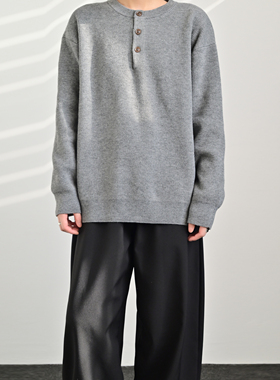 ZCBEAR复古极简风亨利领针织毛衣男冬季灰色宽松套头保暖上衣潮牌