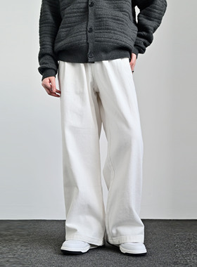 ZCBEAR美式复古水洗直筒白色牛仔裤男秋季潮牌宽松阔腿休闲长裤子