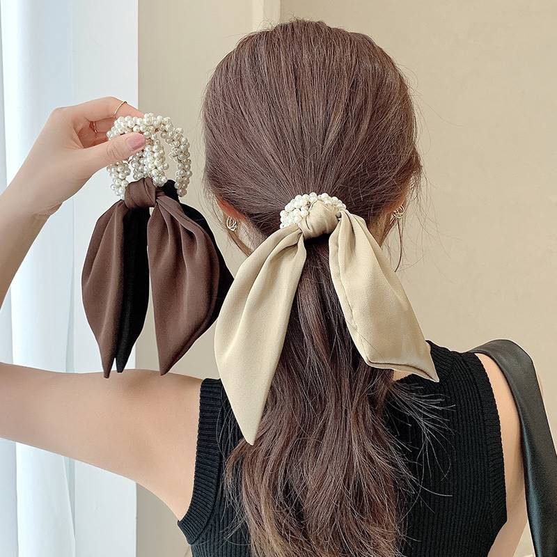 新品 珍珠发绳发带女网红高级感绑发丝巾蝴蝶结飘带扎头绳发圈头