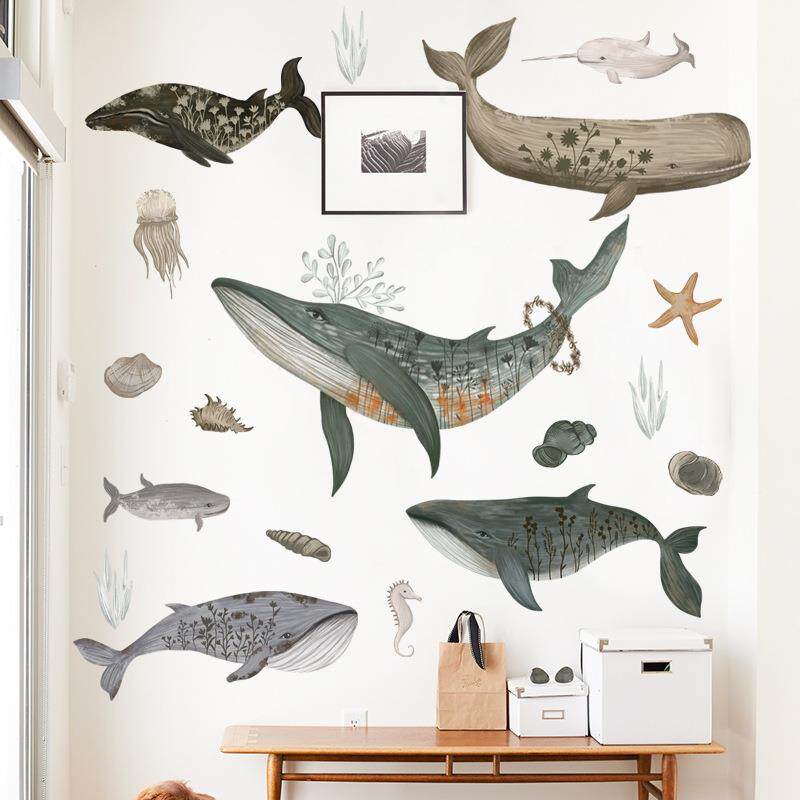 儿童房装饰画水彩手绘大海鲸鱼墙贴卧室客厅玻璃装饰贴纸海洋鱼墙