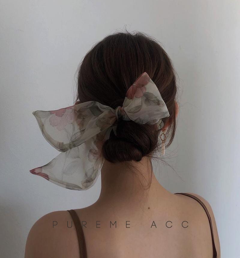 新品 韩式网红复古法式优雅油画欧根纱蝴蝶结大肠发圈气质绑发头