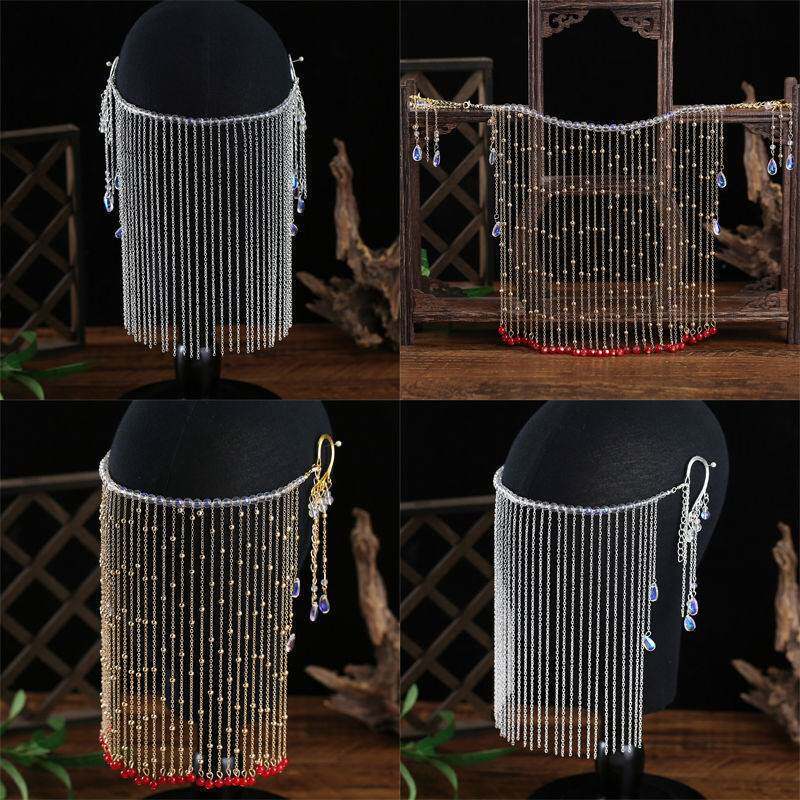 新品 汉服面纱遮脸古风古代女子流苏超仙挂耳饰品古装配饰遮面帘