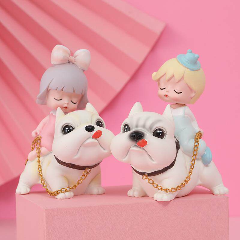 卖萌日记系列两小无猜骑狗男孩女孩树脂工艺品摆件 汽车摇头公仔
