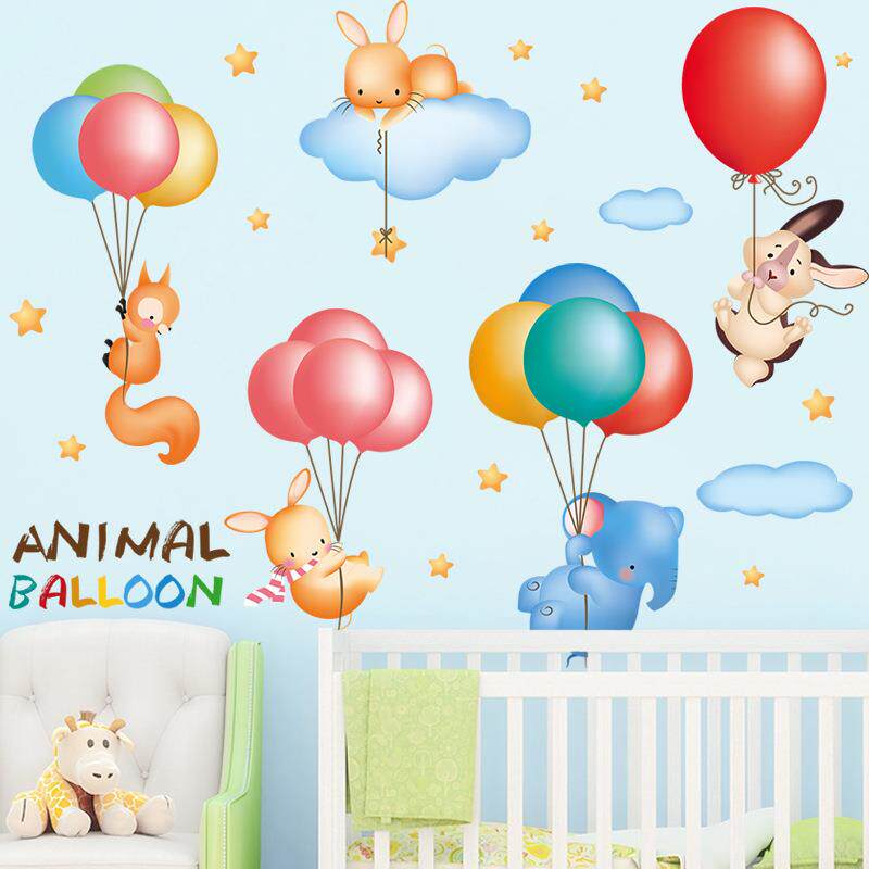 儿童房装饰画墙贴动物热气球儿童房幼儿园教室布置辅导班卡通云朵